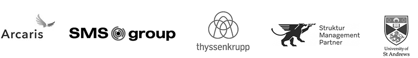 Logos von: Arcaris, sms-group, thyssenkrupp, Struktur Management Partner, University of St Andrews